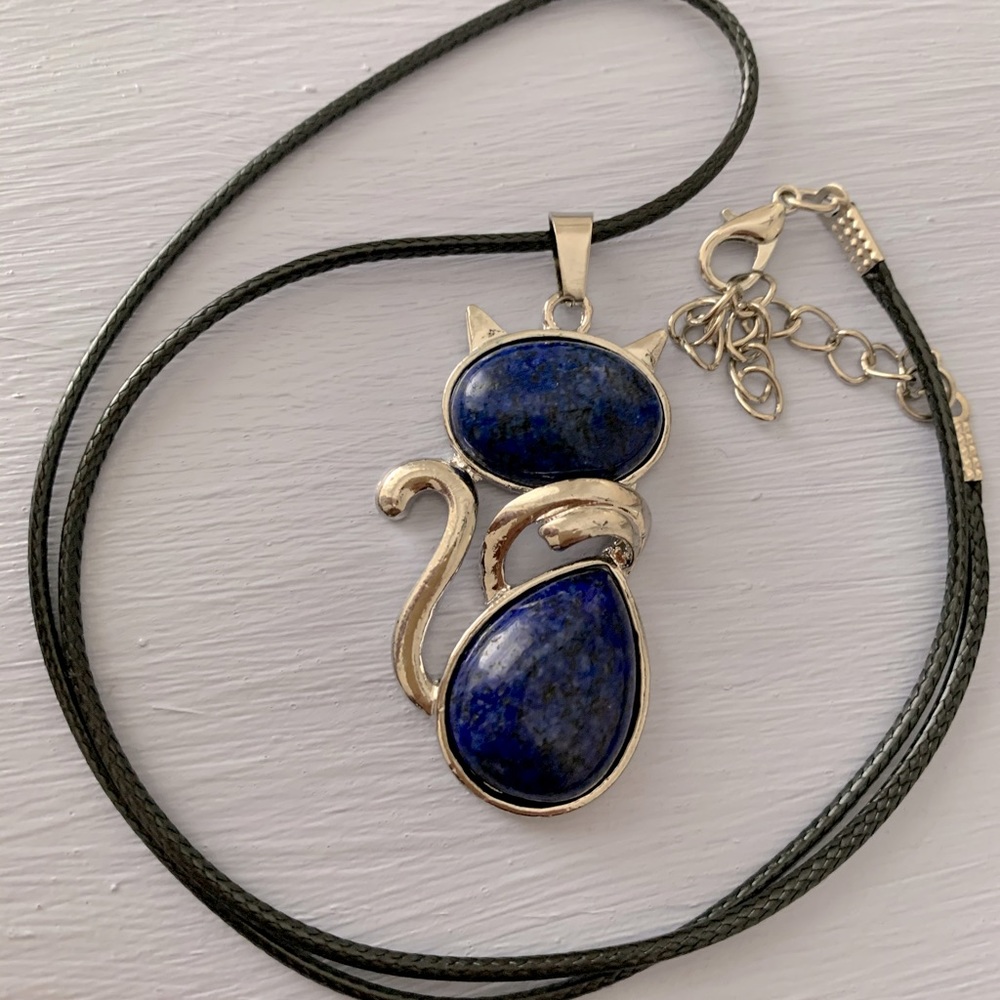 Crystal Cat Necklace Kitty Cat Necklace Lapis Lazuli Pendant Gift For Girlfriend